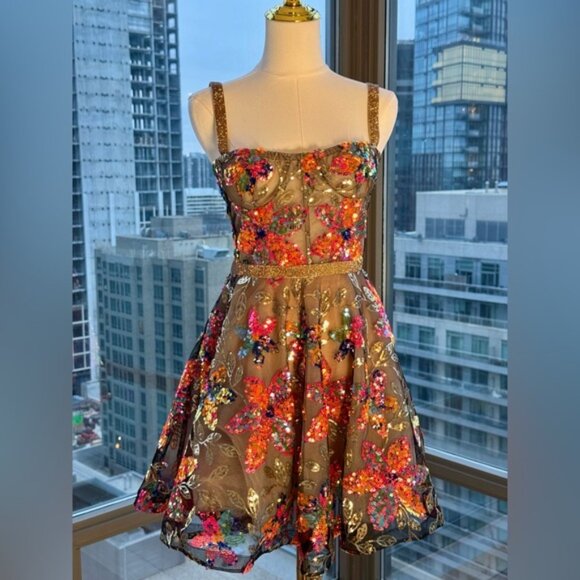 🆕 BRONX & BANCO 🧿 NWOT Mademoiselle Floral Sequin Fit-&-Flare Dress Sz XS US 2 - Picture 10 of 16